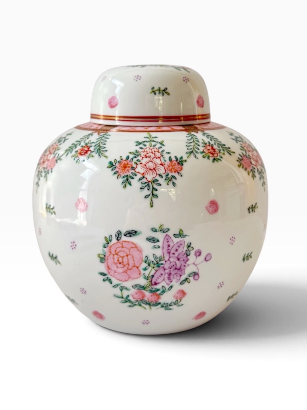 Vintage Chinoiserie Pink Famille Rose Floral Porcelain Ginger Jar AS IS FLAWS